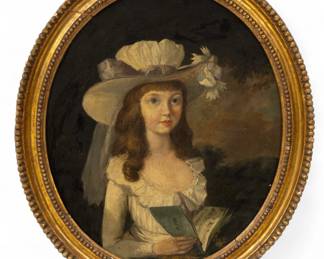 Lot 4016
English Oil on Canvas, Early 19th Century, 'Portrait of a Woman in a Hat Holding a Music Book', H 13" W 11" Frame Size: H 16" W 14.25"