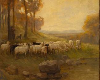 Lot 1021
Josef Ferdinand Benesch (Austrian, 1875-1954) Oil on Canvas, 'a Shepherd and His Flock', H 24" W 20" Frame Size: H 31" W 26.75" Depth 2.25"