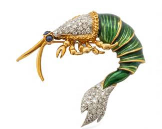 Lot 12
18K Gold and Green Enamel Shrimp Brooch H 1.7" W 2" 17 g