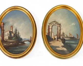 Lot 4025
Italian Capriccios Oil on Wood Panels Late 20th C., 'Italian Ruins Onff the Coast of Capri', H 9.25" W 7" Frame Size: H 10.25" W 8" 4 PCS