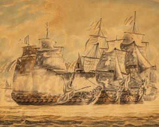Lot 1057
Thomas Buttersworth (English, 1768-1842) Ink and Gouache on Paper, 1797, 'Battle of Cape St. Vincent', H 8.5" W 12.25" Frame Size: H 17" W 21"