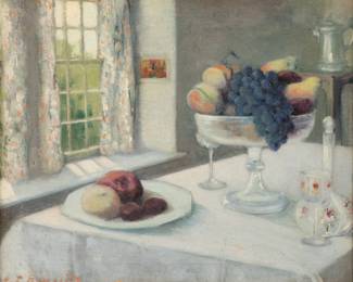 Lot 1027
Everett Lloyd Bryant (American, 1864-1945) Oil on Canvas 'Still Life with Fruit', H 20" W 24" Frame Size: H 26" W 30"