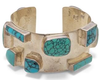 Lot 95
Mexico Sterling Silver Cuff Bracelet, 12 Turquoise Stones 1960, W 2.5" 84 g 1 PC