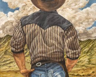 Lot 1033
Delmas Howe (American, B. 1935) Oil on Canvas 2012, 'the Last Cowboy III', H 40" W 30" Frame Size: H 42" W 32"
