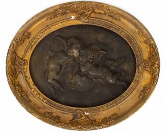 Lot 4014
After Hélène Bertaux (French, 1820-1909) Porcelain Plaque Late 20th C., 'Cherubs', H 7.5" W 10" Frame Size: H 11" W 13"