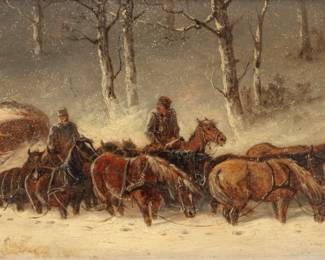 Lot 1013
Attributed to Aleksander Kaminski (Polish, 1823-1886) Oil on Beveled Mahogany Panel, 19th C., 'Teamsters in a Winter Landscape', H 10.25" W 18.5" 