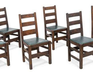 Lot 1088
Quaint Furniture by Stickley Brothers Mission Style Oak Side Chairs 1920-1930, H 37.5" W 18" Depth 16" 6 PCS