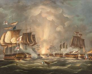 Lot 1008
Thomas Whitcombe (British, 1732-1824) Oil on Canvas 'Battle of the Nile', H 20" W 25" Frame Size: H 24.5" W 30"