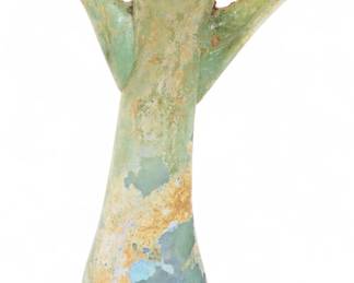 Lot 4002
Roman Iridescent Blue Glass Unguentarium with Applied Handles H 4" W 3"