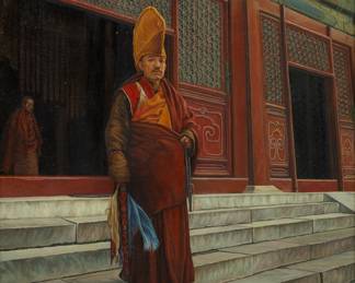 Lot 4022
Tibetan Oil on Canvas, 1995, 'Standing Buddhist Monk', H 20" W 16" Frame Size: H 28.75" W 24.5"