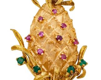 Lot 73
14Kt Yellow Gold Ruby and Emerald Pineapple Brooch 1980, H 2.5" 13.4 g 1 PC