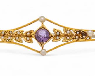 Lot 76
14K Gold, Amethyst and Seed Pearl Bar Brooch 1920, 4.3 g 1 PC