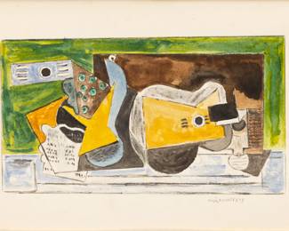 Lot 1028
Louis Marcoussis (French, 1883-1941) Watercolor and Charcoal on Paper 'Abstract Still Life', H 4.5" W 8.25" Frame Size: H 15.25" W 18.5"