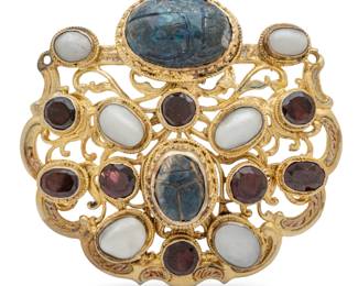 Lot 47
Austro Hungary Silver Pendant: Scarabs, Garnets, Pearls 1850, H 2.5" W 2.7" 63 g 1 PC
