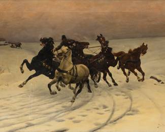 Lot 1010
Stanislaw Ksawery Szykier-Siekierz (Polish, 1860-1895) Oil on Canvas, 19th C., 'Kulak Driving a Wagon with Five Bolting Horses', H 24" W 40"