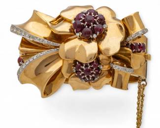 Lot 49
Gold Bangle Bracelet Rubies and Diamond Flower 1920, W 2.5" Depth 1.7" 95 g 1 PC