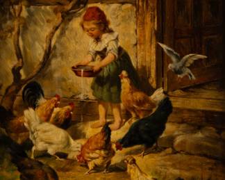 Lot 1059
Antonis Matteo Montemezzo (German, 1841-1898) Oil on Mahogany Panel, 1871, 'Little Girl at Chicken Farm', H 17" W 8" Frame Size: H 18" W 14"
