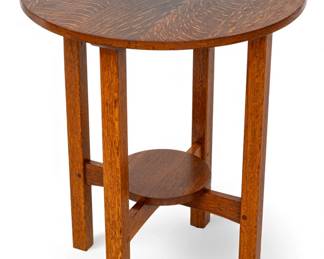 Lot 1090
L. & J.G. Stickley Company Mission Style Oak 575 Table 1920-1930, H 29.5" Dia. 24"