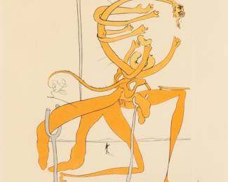 Lot 1053
Salvador Dali (Spanish, 1904-1989) Etching with Pochoir Printed in Colors on Wove Paper 1975, 'Figure Rouge Avec Portrait De Quevedo', H 8.25" W 5.825