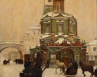 Lot 1012
Paul Louis Bouchard (French, 1853-1937) Oil on Canvas, 1895, 'Church of the Vladimir Icon of the Mother of God', H 23.75" W 19.75" Frame Size: H 30.5"