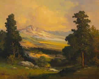 Lot 1023
Robert William Wood (English-American, 1889-1979) Oil on Canvas, Ca. 1960-70, 'View of the Sierra Nevada', H 27" W 26" Frame Size: H 35" W 43"
