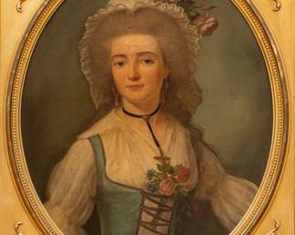 Lot 4021
Oil on Canvas, Ca. Late 18th Century, 'Portrait of a Woman Wearing a Cross Necklace', H 14.5" W 12" Frame Size: H 36" W 31.25"