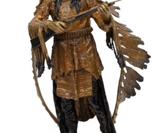 Lot 1118
After Carl Kauba (Austrian, 1865-1922) Bronze Sclulpture, 20th C., 'Standing Indian with Rifle', H 24" W 13" Depth 16"