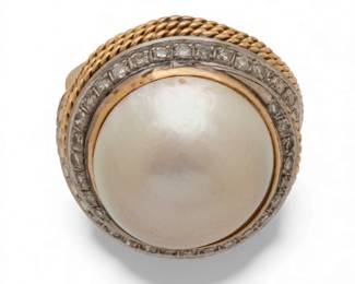 Lot 93
14K Gold and Mabe Pearl Ring, Size 6 3/4, Diamonds Surround 1960, 18.6 g