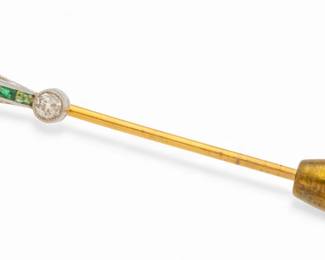 Lot 77
Green Emeralds Enhanced Stickpin with Diamonds 1900, L 2.5"