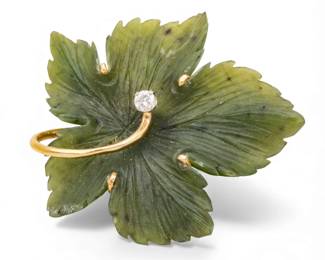 Lot 87
LJ Signed 14k Yellow Gold, Green Jade, Diamond Pin H 1.7" 10.8 g 1 PC