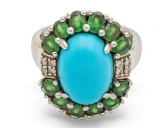 Lot 11
Emerald, Diamond, Turquoise, White Gold Ring Size 7 1960, 6 g 1 PC