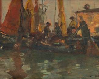 Lot 4023
Italian Oil on Beveled Panel, Ca. 1900, 'Fishing Boats, Venice', H 5.875" W 9.25"