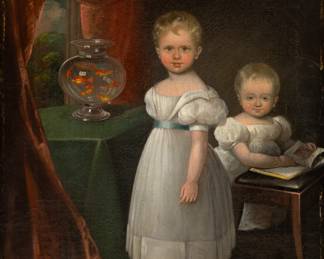 Lot 4018
English Oil on Canvas, Ca. 1840s, 'Siblings', H 14.5" W 12" Frame Size: H 19" W 16.5"