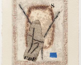 Lot 1043
James Coignard (French, 1925-2008) Carborundum, Etching, Aquatint and Embossing on Paper, Abstract Image H 17.25" W 13" Frame Size: H 31.75" W 27.75"