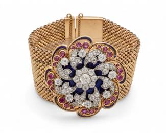 Lot 61
14K Gold Mesh Diamond and Pink Sapphire Bracelet-brooch, Blue Enamel 1920, W 1.1" L 6.7" 72.5 g