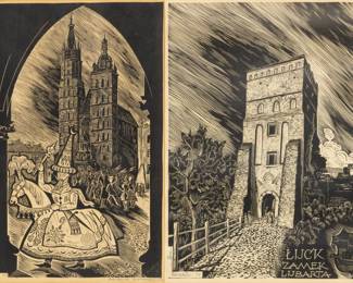 Lot 1056
Stanislaw Raczynski (Polish, 1903-1982) Woodcuts on Paper 1958-59, 'Lajkonik, Lubart's Castle', 2 PCS