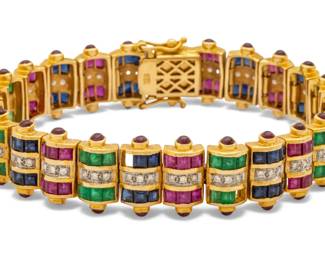 Lot 8
18K Yellow Gold, Ruby, Sapphire, Emerald and Diamond Link Bracelet L 6.5" 35 g