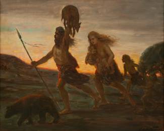 Lot 1058
Charles Waltensperger (American, 1870-1931) Oil on Canvas, 'Family of Hunter Gatherers', H 21" W 26" Frame Size: H 27.5" W 32.25"