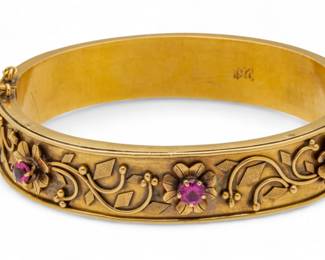 Lot 50
14K Gold Bracelet, 3 Pink Sapphires 1960, W 2.2" 35 g 1 PC