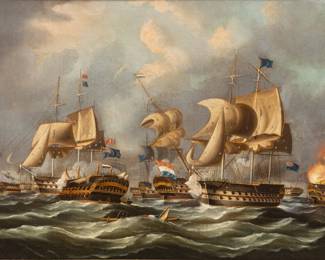 Lot 1007
Thomas Whitcombe (British, 1732-1824) Oil on Canvas 'Battle of Camperdown', H 20" W 25" Frame Size: H 24.5" W 30"
