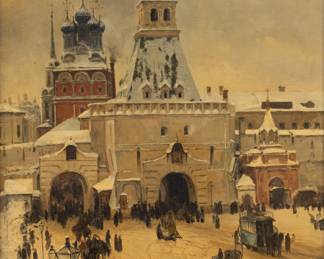 Lot 1011
Sergei Ivanovich Svetoslavsky (Russian, 1857-1931) Oil on Canvas, Ca. 1900, 'Ilyinsky Gate, Winter', H 24.5" W 19" Frame Size: H 31" W 25.75"