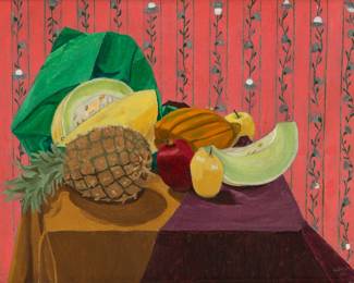Lot 1026
Michael Loew (American, 1907-1985) Oil on Canvas 1960, 'Still Life Fruit', H 9" W 12" Frame Size: H 14.25" W 17"