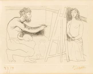 Lot 1035
Pablo Picasso (Spanish, 1881-1973) Etching on Wove Paper 1927, 'Peintre Devant Son Chevalet (Painter in Front of His Easel), from Le Chef-d'Œuvre Inco