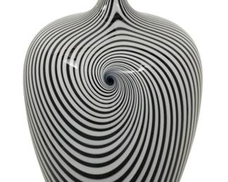 Lot 1107
Jeff Holmwood (Canadian) Black and White Art Glass Sculpture 2006, 'Vortex Vessel', H 12.5" Dia. 7"