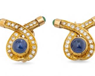 Lot 9
14K Yellow Gold Cabochon Blue Sapphire, Emerald and Diamond Earrings H 0.7" 9 g 1 PAIR