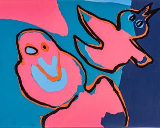 Lot 1050
Karel Appel (Dutch, 1921-2006) Lithograph in Colors, 1970, 'Birds Flying Out', H 26" W 39.25"