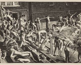 Lot 1040
Robert Riggs (American, 1896-1970) Lithograph in Black and White on Wove Paper 1933, 'Pool', H 14.5" W 19.5" Frame Size: H 24" W 28.5"