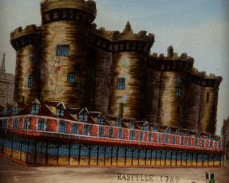 Lot 4013
French Reverse Painted on Glass, Universal Exhibition of 1889 Souvenir, 'the Bastille', H 5.25" W 3.125" Frame Size: H 8.75" W 6.875"