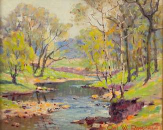 Lot 1062
Carl Wendell Rawson (American, 1884-1970) Oil on Masonite 1947, 'Spring on Minnehaha Creek Trail', H 12" W 14" Frame Size: H 16.5" W 18.5"