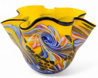 Lot 1103
Rollin Karg (American, B. 1944) Art Glass Ruffled Centerpiece Bowl 2002, H 10.5" W 16" L 17"